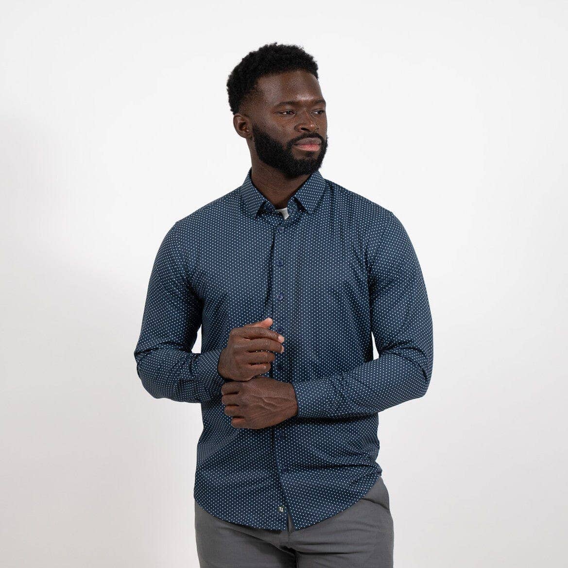 Hustle Sport Shirt - Long Sleeve - Navy Polka Dot: Regular / Small