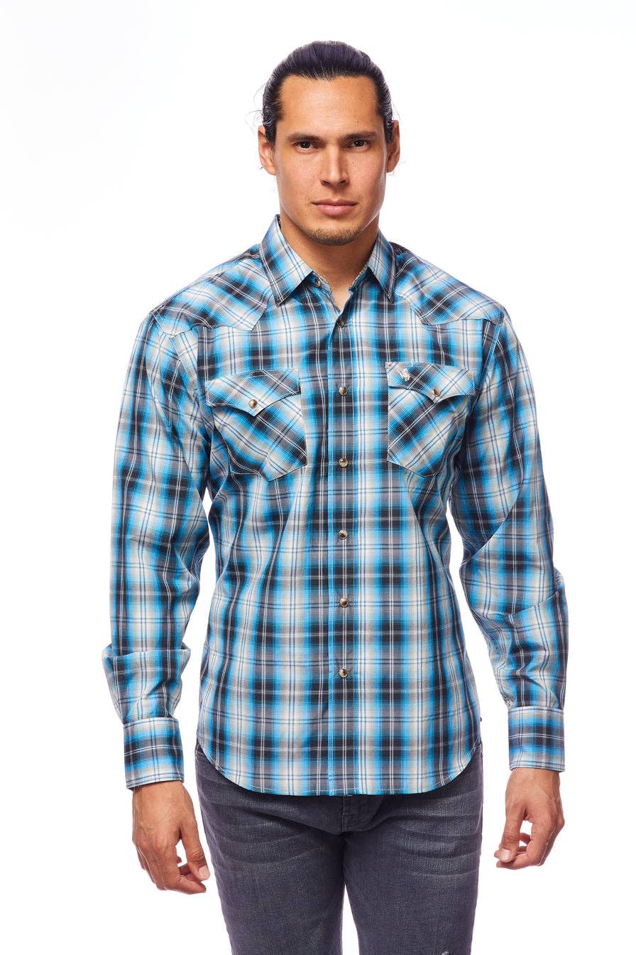 RODEO CLOTHING MEN'S PLAID WESTERN LONG SLEEVE SNAP SHIRTS: S