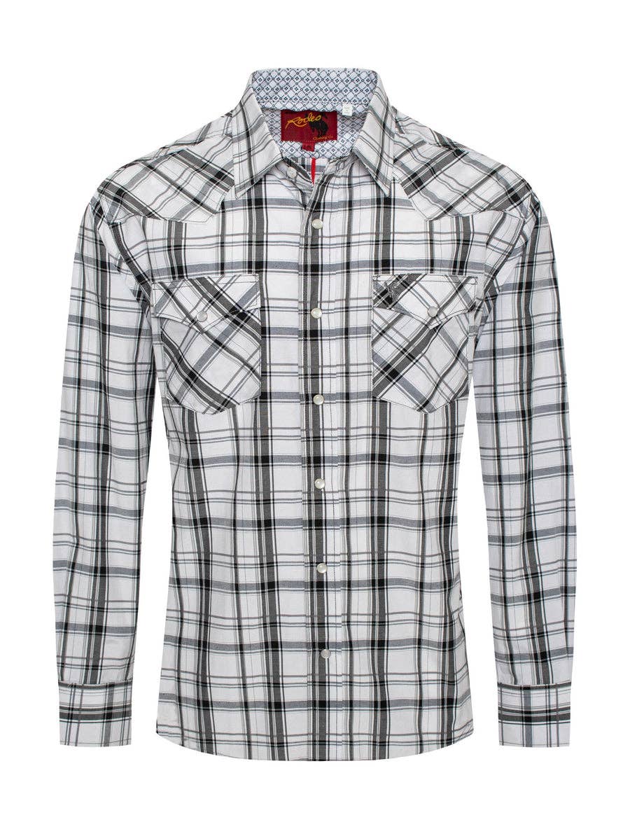 Men's Western Long Sleeve Pearl Snap Plaid Shirt-PS400-414: M