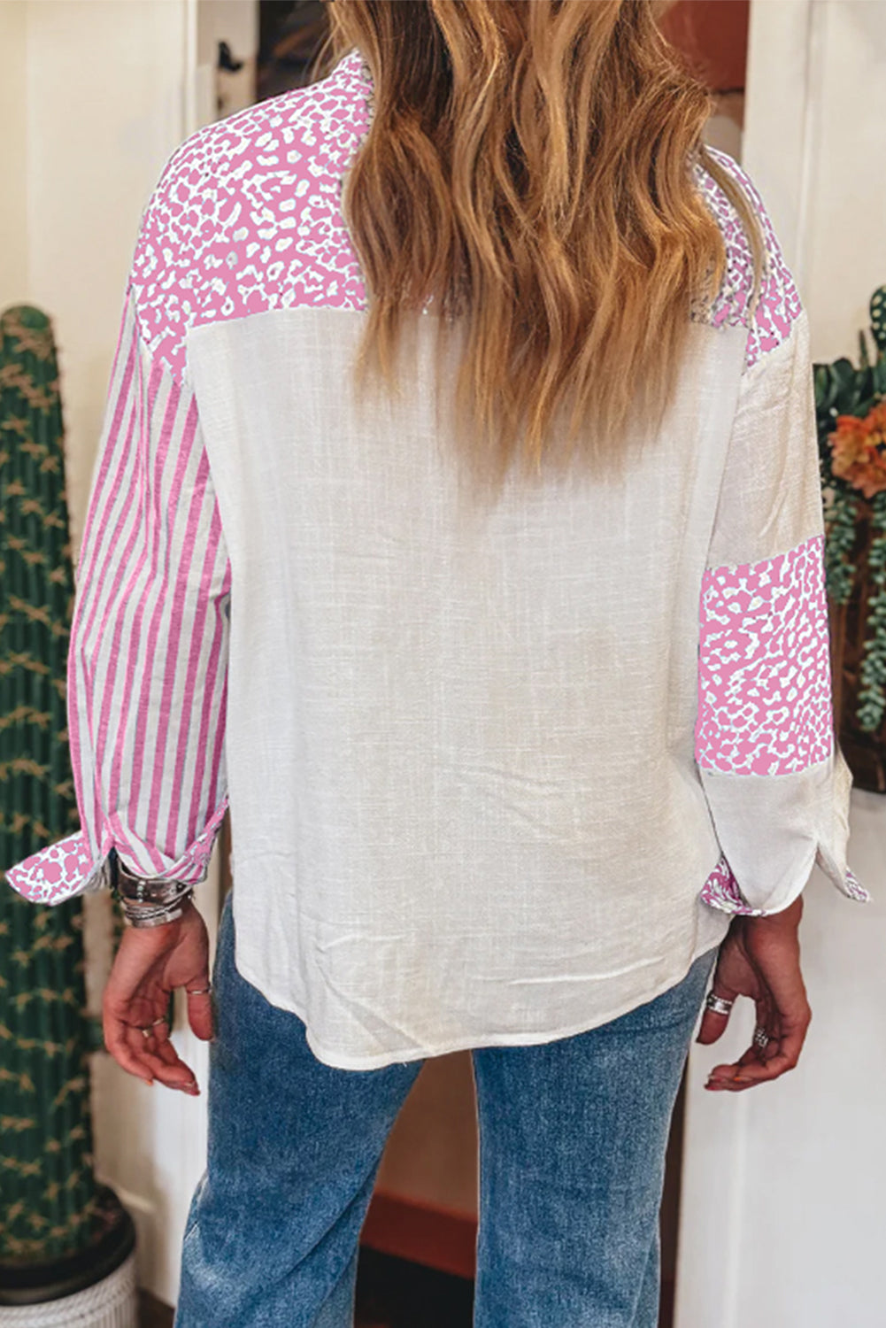Sky Blue Leopard Striped Patchwork Button-up Shirt Shacket