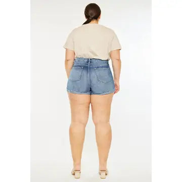 high rise mended shorts with single cuff- Plus Size