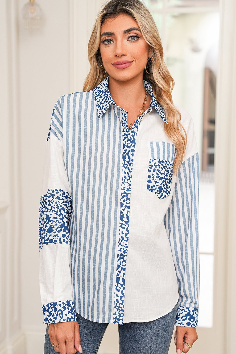 Sky Blue Leopard Striped Patchwork Button-up Shirt Shacket