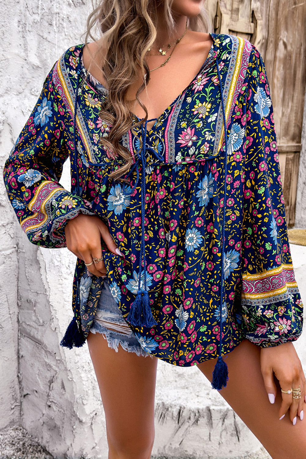 Red Bohemian Floral Print Tassel Tie Front Long Sleeve Blouse