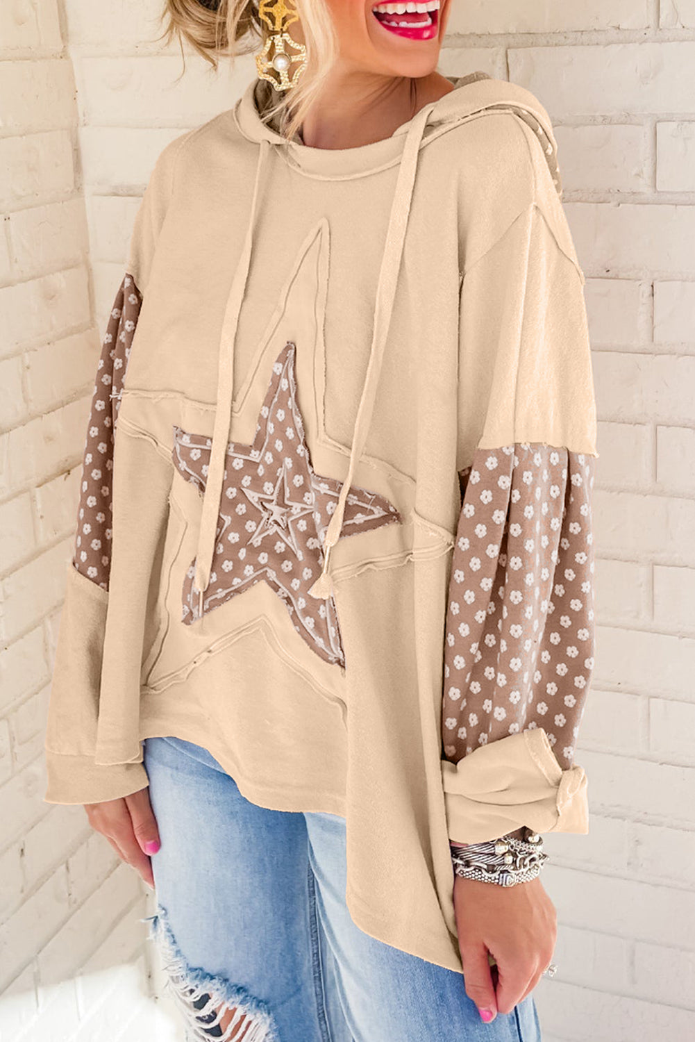 Delicacy Floral Patchwork Star Pattern Drawstring Hoodie