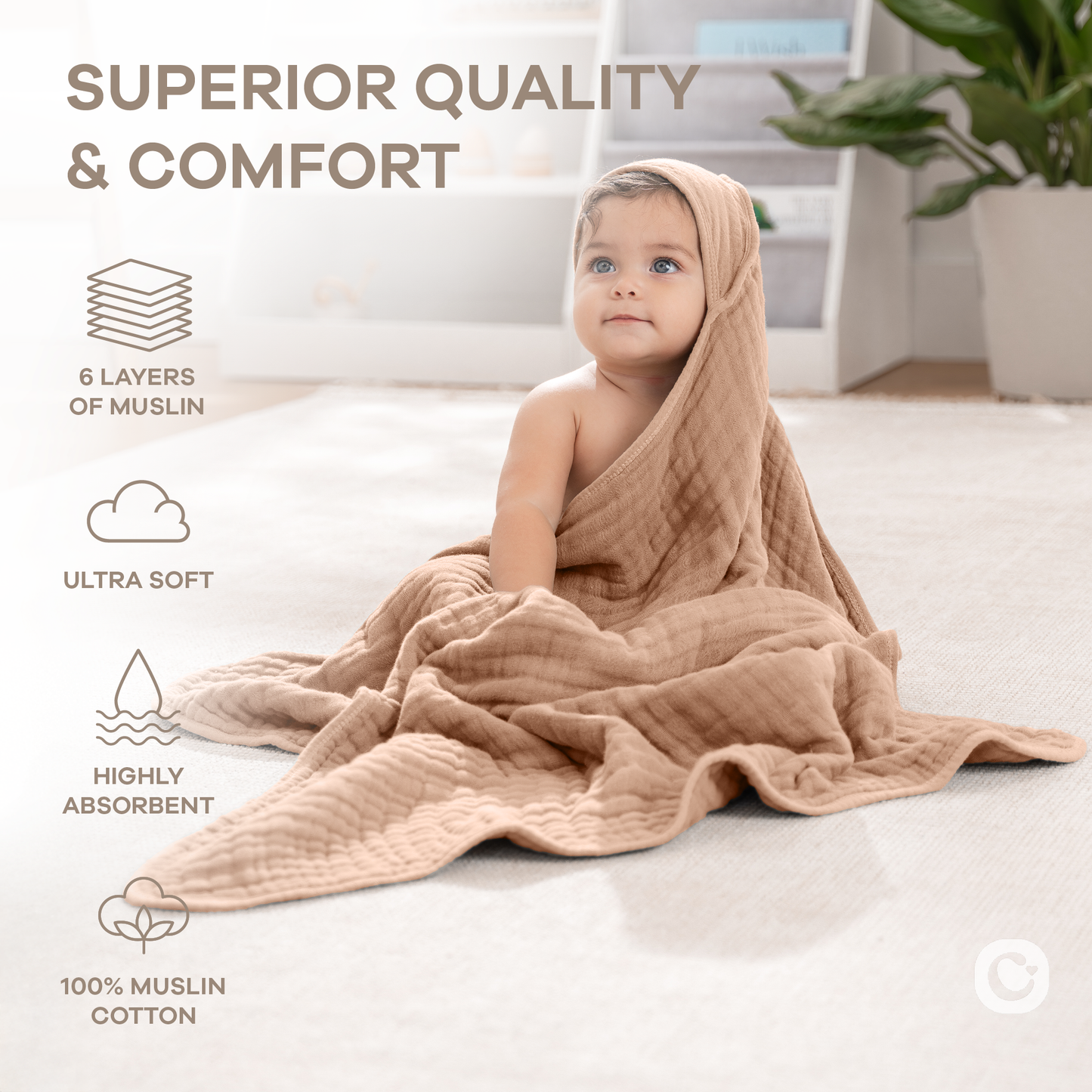 Hooded Baby Towel, 6 Layer 100% Muslin Cotton by Comfy Cubs: Mauve / Pack of 1