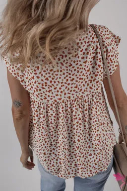 Red Printed Embroidery Detail Tie Split Neck Blouse