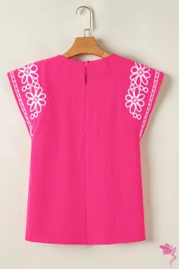 Strawberry Pink Floral Embroidered Flutter Sleeve Pleated O Neck Blouse