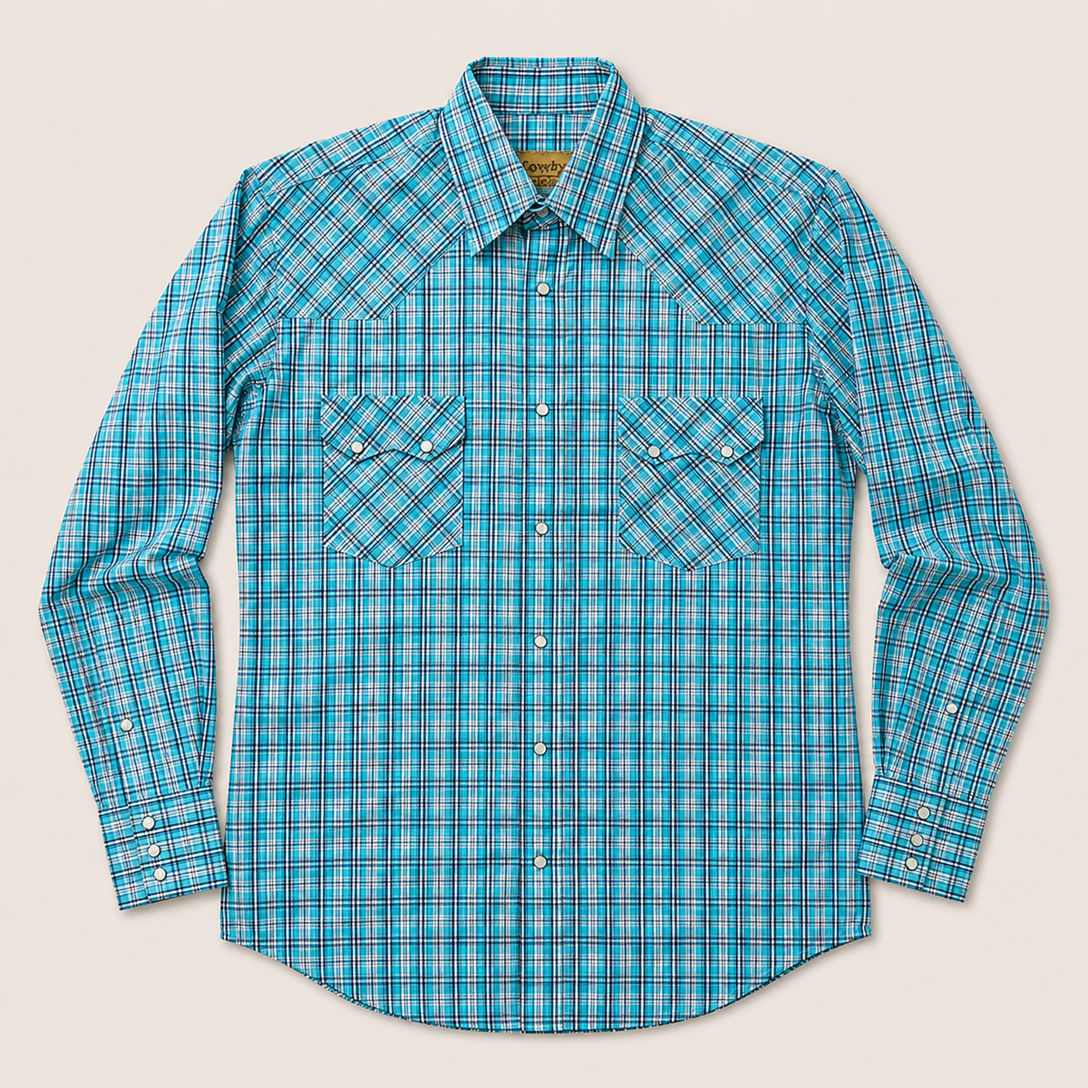 Men's Turquoise Plaid Cowboy Long Sleeve Western Snap Shirt: Turquoise Plaid / XL