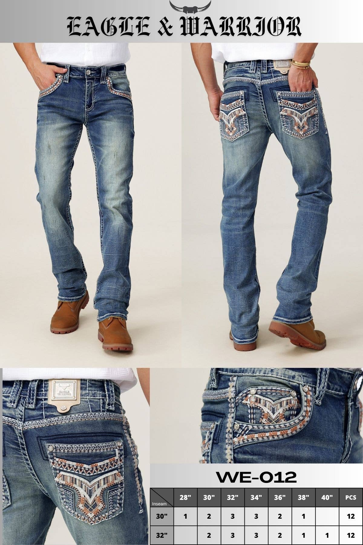 WE-012 Eagle Warrior Men's Western Straight Stretch Jeans: 32 / 34