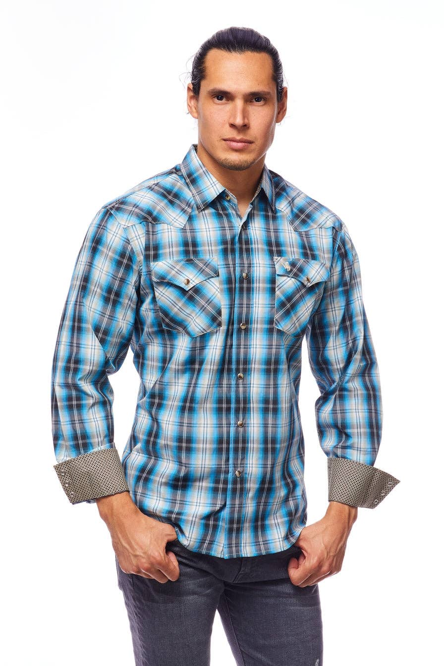 RODEO CLOTHING MEN'S PLAID WESTERN LONG SLEEVE SNAP SHIRTS: S