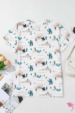 Beige Western Cactus Print Crew Neck Short Sleeve Top