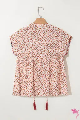 Red Printed Embroidery Detail Tie Split Neck Blouse