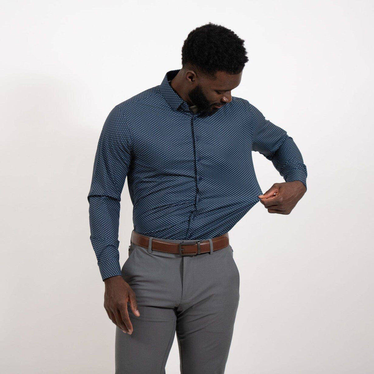 Hustle Sport Shirt - Long Sleeve - Navy Polka Dot: Regular / Small