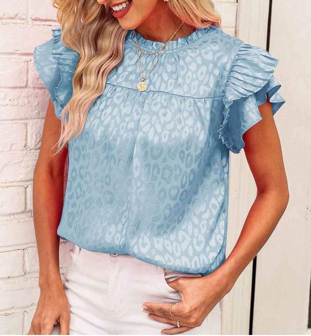Urban print stain ruffle t-shirt top: Blue / M