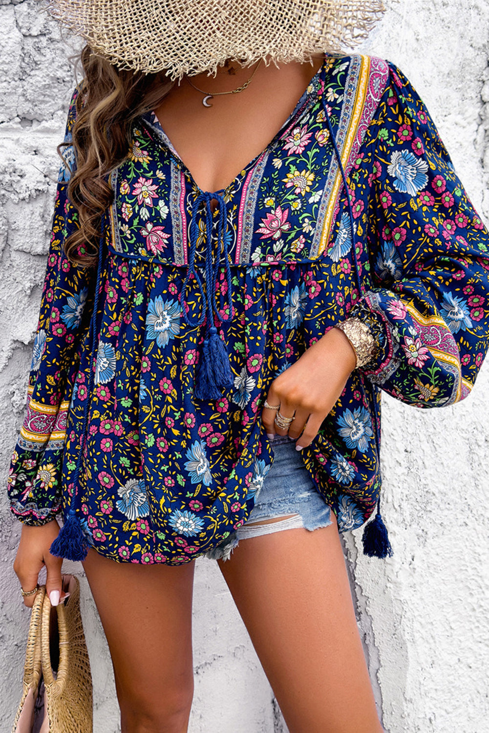 Red Bohemian Floral Print Tassel Tie Front Long Sleeve Blouse