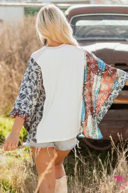 Multicolour Asymmetric Printed Patchwork Sleeve Peace Desert Graphic Top