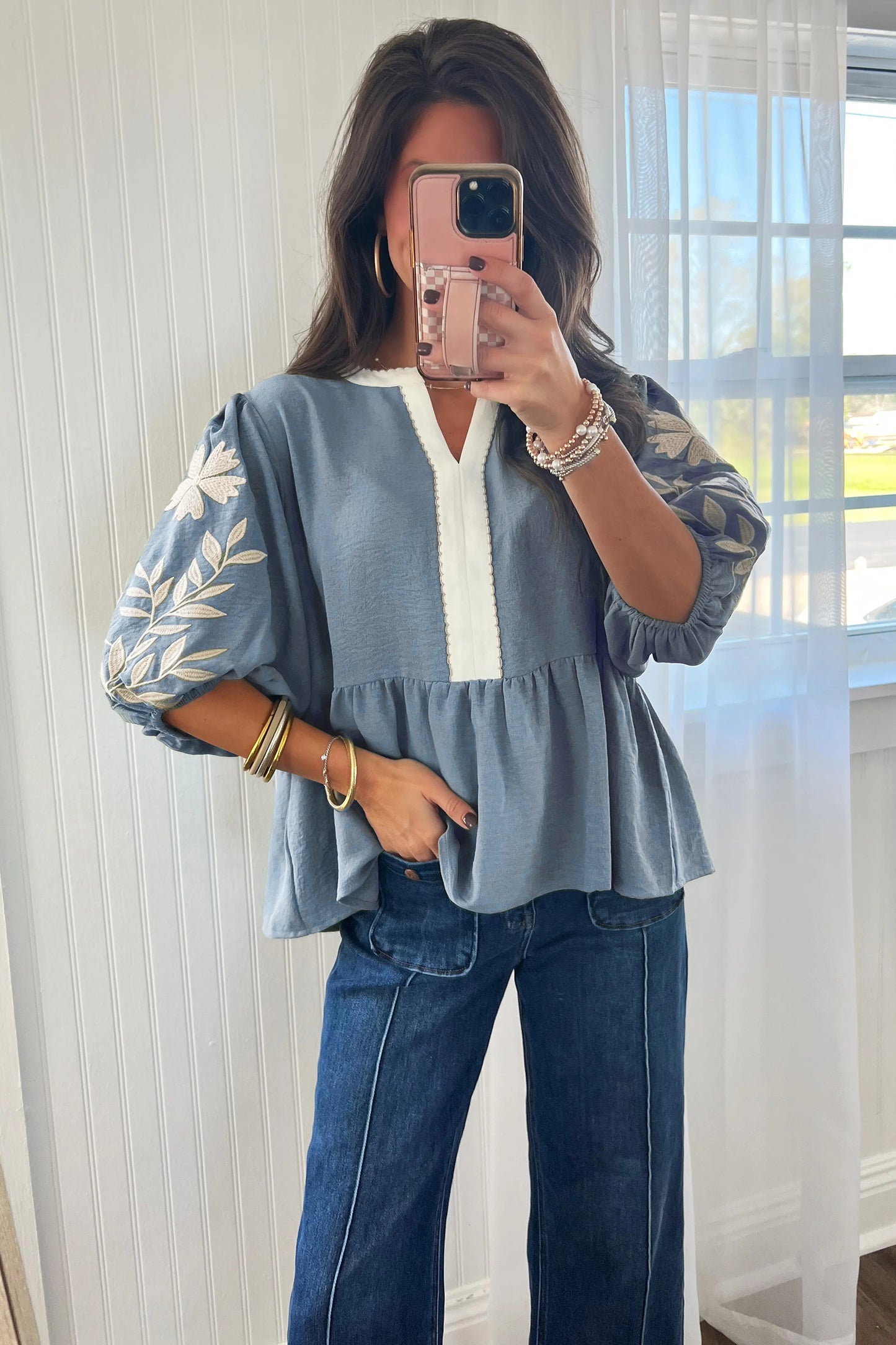 Smoke Green Color Block Patchwork V Neck Embroidered Puff Sleeve Babydoll Blouse