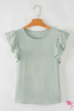 Clearly Aqua Solid Color Ruffled Short Sleeve Casual Blouse