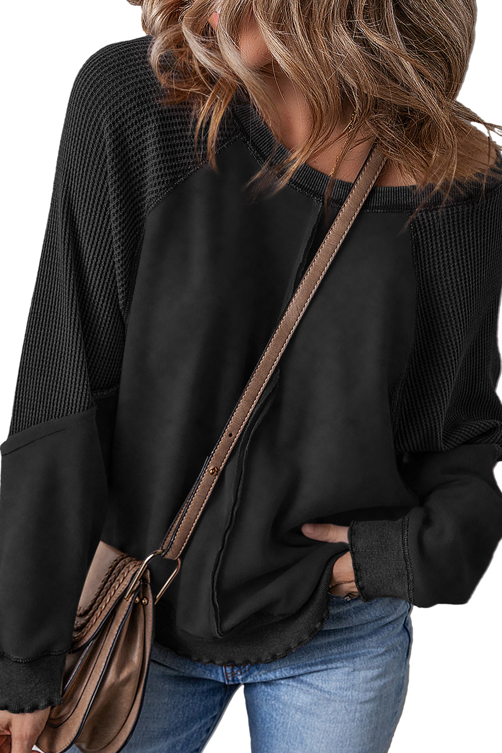 Pink Waffle Patchwork Raglan Sleeve Exposed Seam Sweatshirt