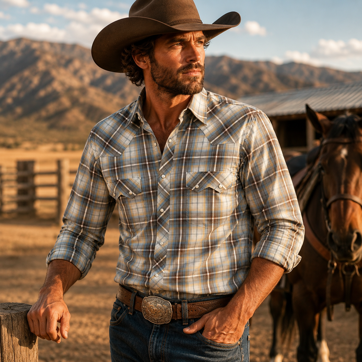 Men's Desert Sky Plaid Pearl Snap Long Sleeve Cowboy Western Shirt: M