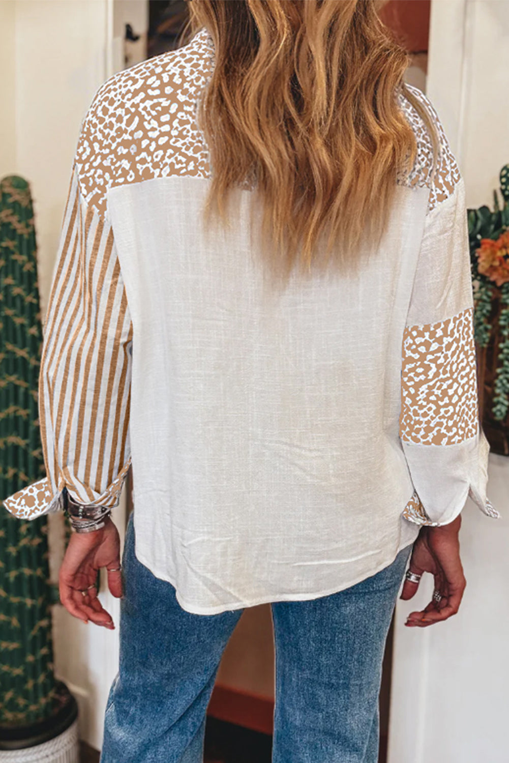 Sky Blue Leopard Striped Patchwork Button-up Shirt Shacket