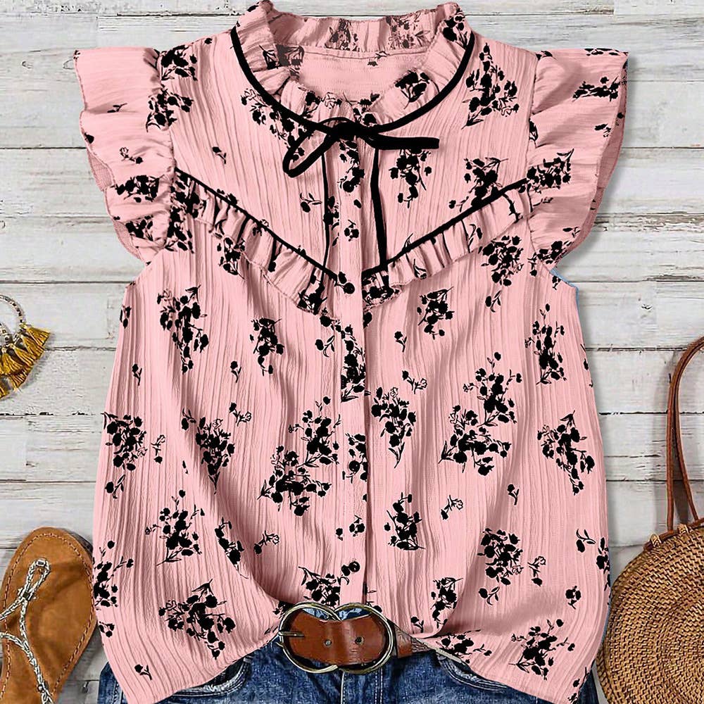 Rustic Boho Ruffles Detailed Ditsy Floral Tie Neck Top: Apricot / L